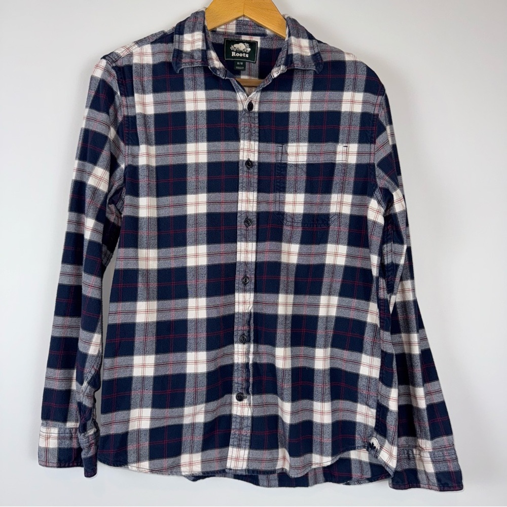Roots Plaid Flannel Shirt | Navy Red White Button Down Long Sleeve | Size M